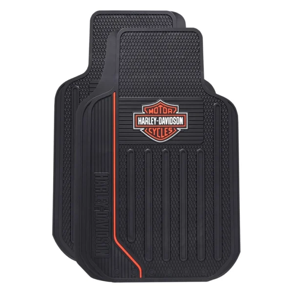 Universal Harley-Davidson® Elite Series 1st Row Floor Mats by Plasticolor®. Harley Logo and Orange Stripe.