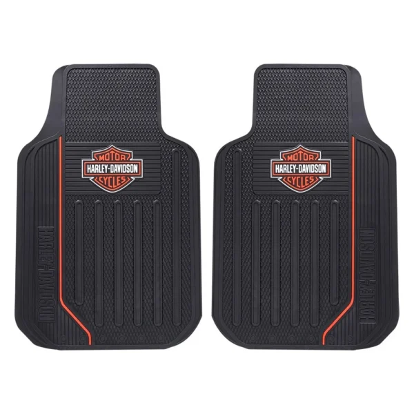 Universal Harley-Davidson® Elite Series 1st Row Floor Mats by Plasticolor®. Harley Logo and Orange Stripe.