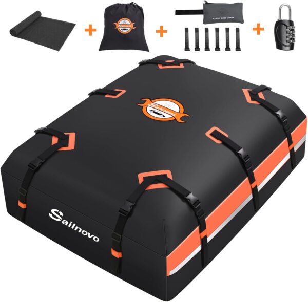 61-YtfPCiML._AC_SL1500_ Sailnovo Car Roof Bag Waterproof 21 Cubic Feet/595L,Roof Box 1000D PVC Rooftop Cargo Carrier with Anti-Slip Mat,Combination Lock,Storage Bag,Door Hooks & Strap fit Vehicle with/Without Luggage Rack