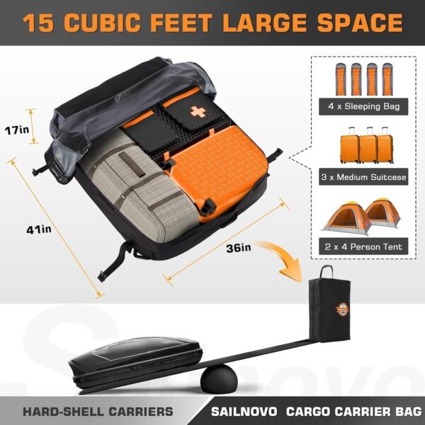 Sailnovo Car Roof Box 15 Cubic Feet Foldable Waterproof 1000D with 6 Reinforced Straps 4 Door Hooks for Travel and Luggage Transport for All Vehicles with/without Pannier Rack