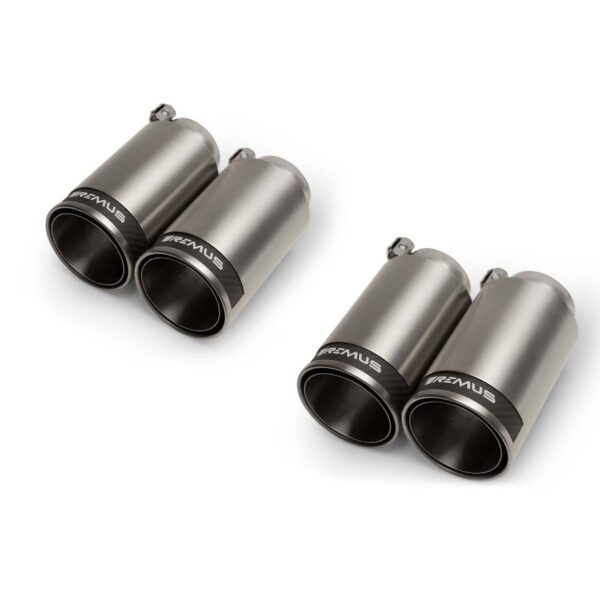 Remus Stainless Steel 98mm Street Race Exhaust Tips With Carbon Fibre Inserts (Set of 4) Remus Stainless Steel 98mm Street Race Exhaust Tips With Carbon Fibre Inserts (Set of 4)