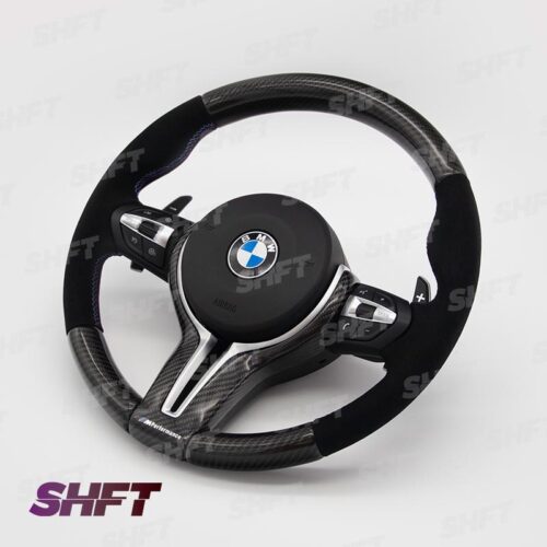 SHFT BMW F Series Round Steering Wheel In Gloss Carbon Fibre & Alcantara SHFT BMW F Series Round Steering Wheel In Gloss Carbon Fibre & Alcantara